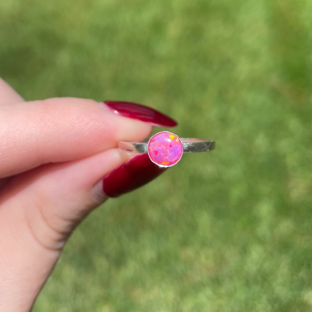 Handmade Sterling Silver Ring Band with Pink Opal - Picture 7 of 9
